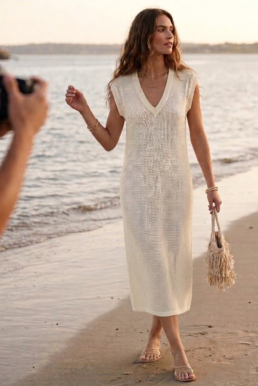 Brodie Cashmere Pointelle Knit Maxi Dress Organic White Cover Up Medium ✨ NWT